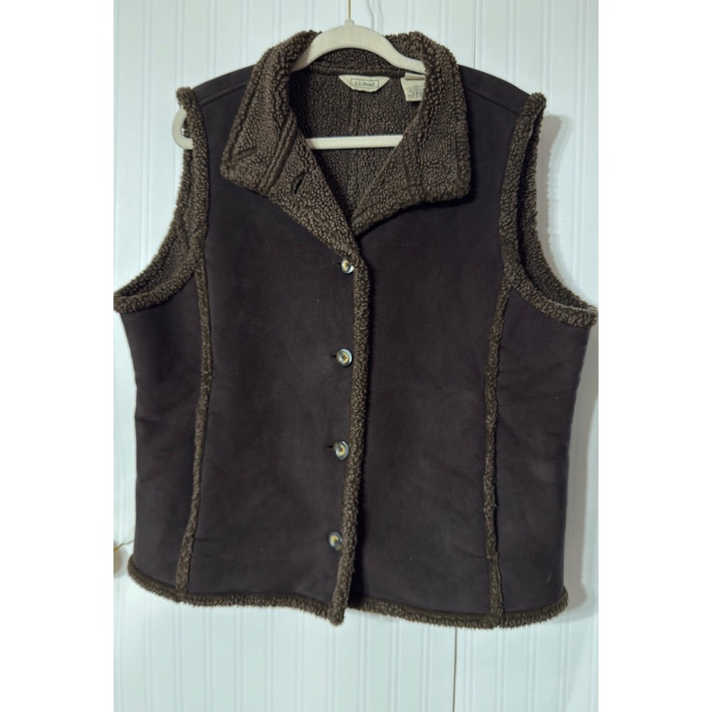 LL Bean Womens XL Faux Suede Shearling Sherpa Fleece Lined Vest Brown - Picture 4 of 7